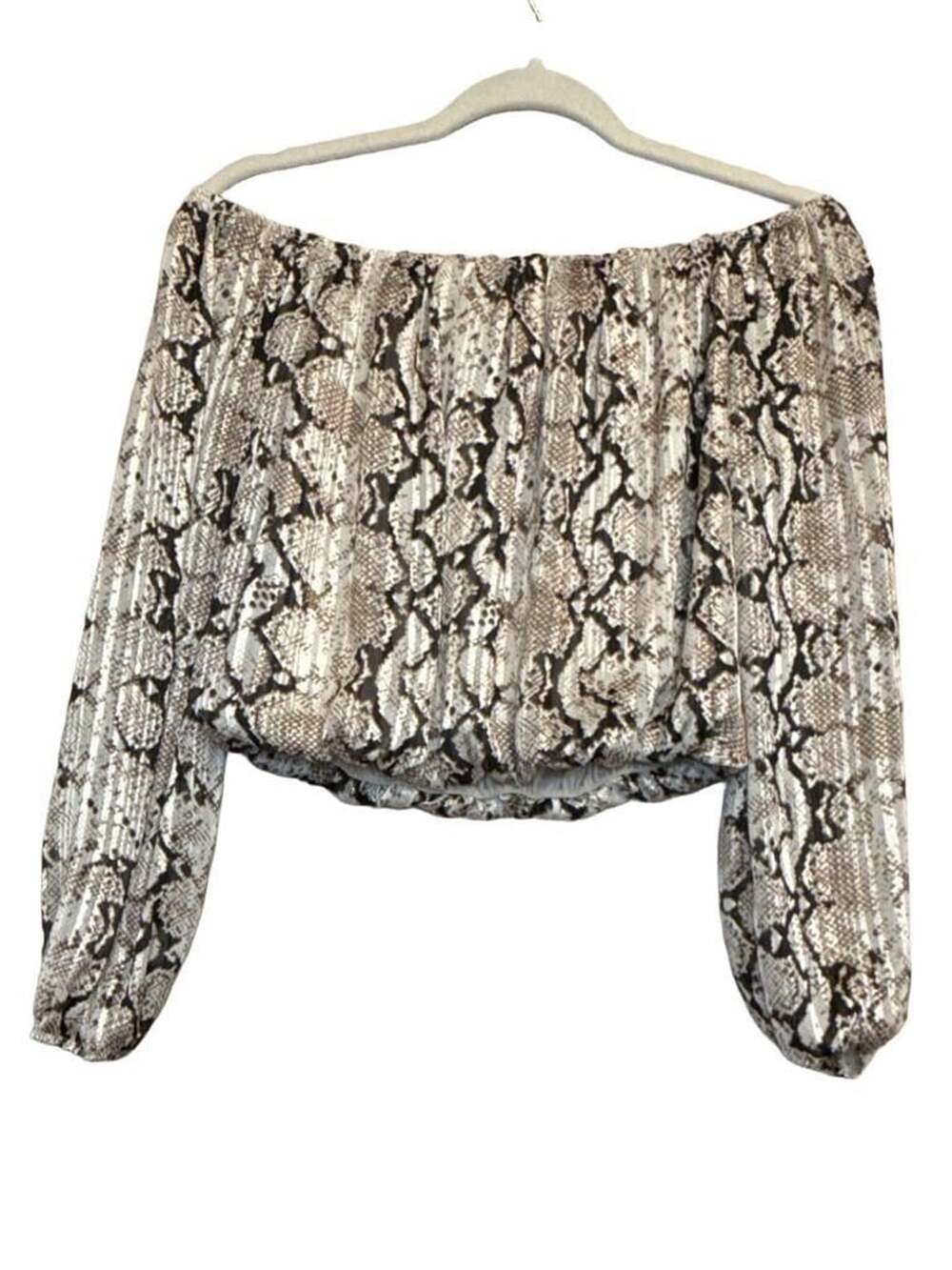 Y2K Vibes Windsor Snake Print Metallic Thread Off Shoulder Blouse Mesh Sleeve